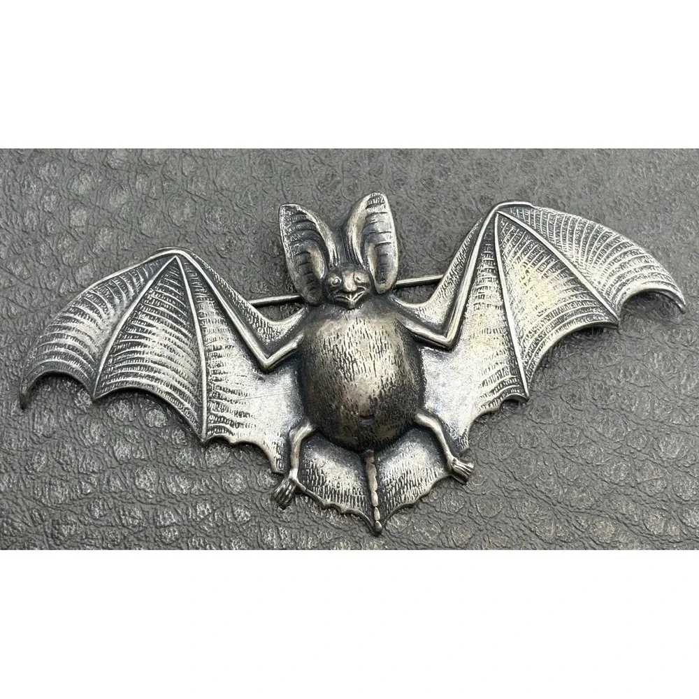 Vintage Bat Victorian Revival Brooch Pin Repousse Silver Tone Halloween Gothic